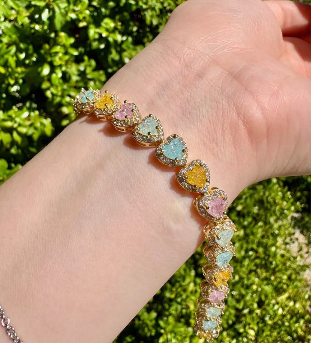 Multicolor Heart  Heart Gemstone CZ Tennis Bracelet 7.5 in